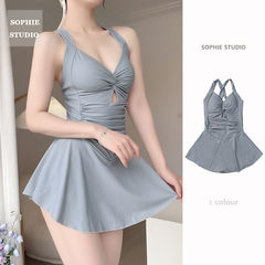 Women's swimsuit Korean black one-piece conservative skirt style covering belly and slimming 2024 new fashion hot spring backless swimsuit