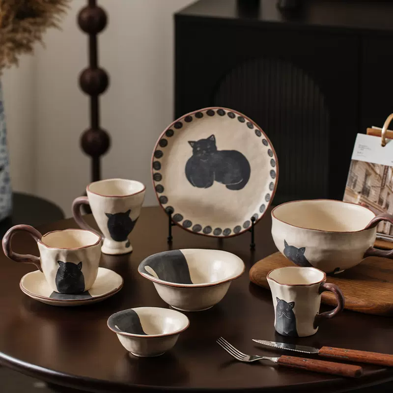 美家荟手捏陶瓷咖啡杯碟套装胖猫咪卡通复古手作茶杯马克杯盘子
