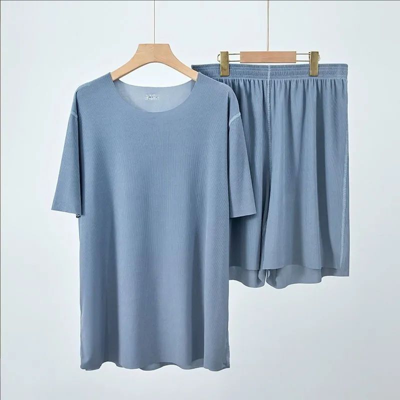 Summer Couple Style Seamless Pajamas for Men and Women, Threaded Ice Silk Cool Short-Sleeved Round Neck Men's and Women's Fashion Home Wear Set