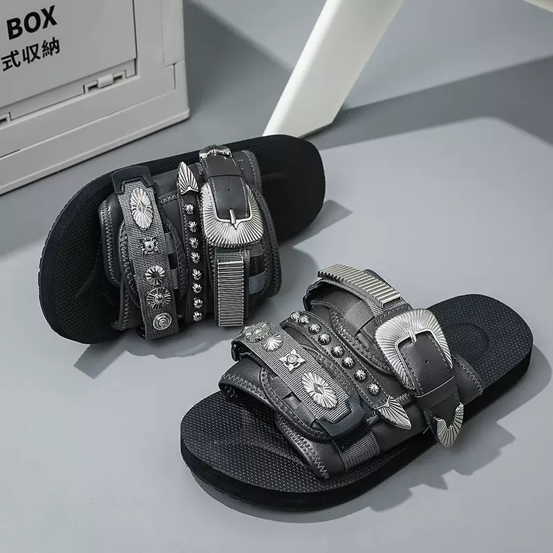 男士拖鞋2025新款铆钉平底拖鞋时尚百搭魔术贴外穿开车男鞋潮流