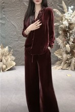 大码女装洋气秋季高档气质时尚通勤遮肚显瘦丝绒阔腿裤套装两件套
