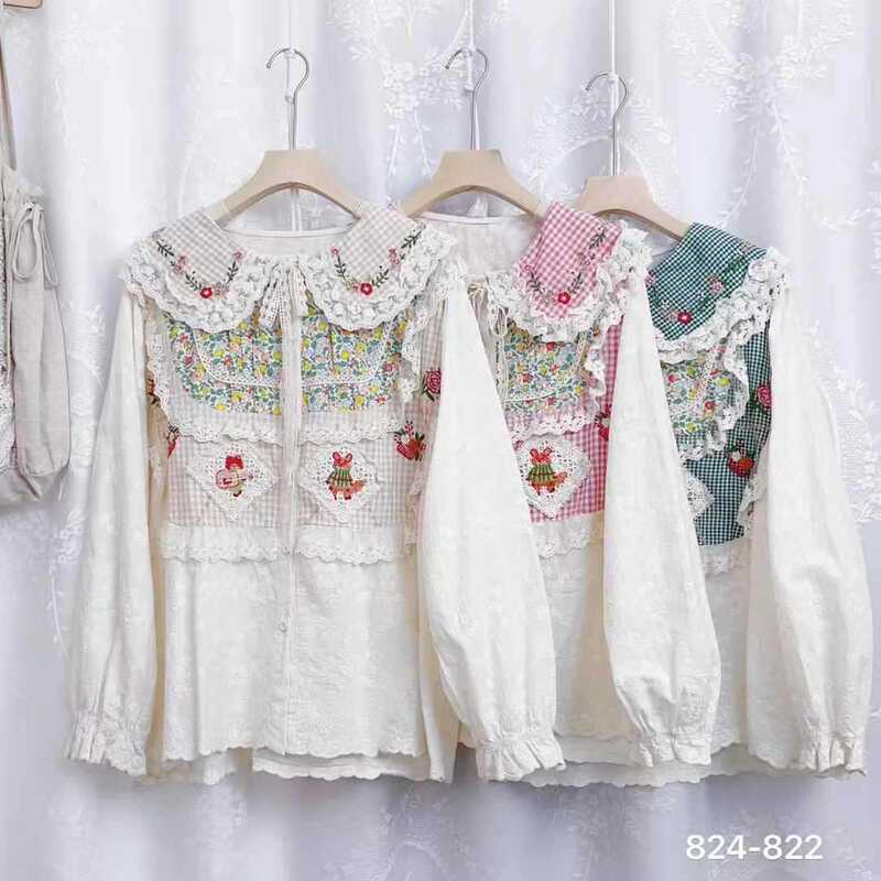 824822 Japanese Style Soft Girl Patchwork Lace Age Reducing Long Sleeve Shirt Mori Style Girl's Embroidered Doll Collar Sweet Top