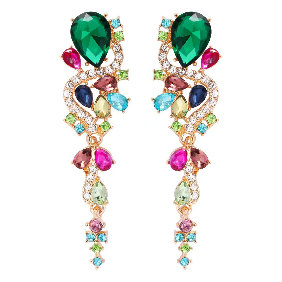 跨境新款镶钻耳环几何对称轻奢长款耳饰女生简约可爱款玻璃水钻