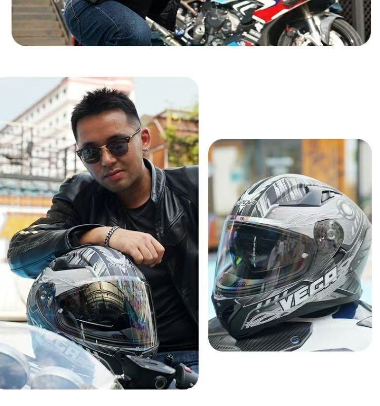 American Vega Motorcycle Helmet for Men and Women, Bluetooth Racing Helmet, Four-Season Sun Protection Full-Face Helmet, Retro Motorcycle Helmet with Large Tail Wing, 3C