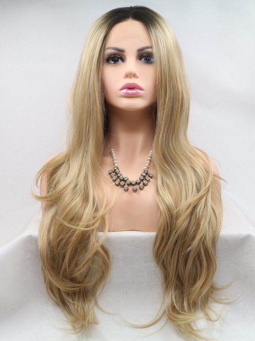 Peluca de seda de alta temperatura de fibra química al por mayor de fábrica de oro, fibra química de encaje frontal europea y americana LW0276