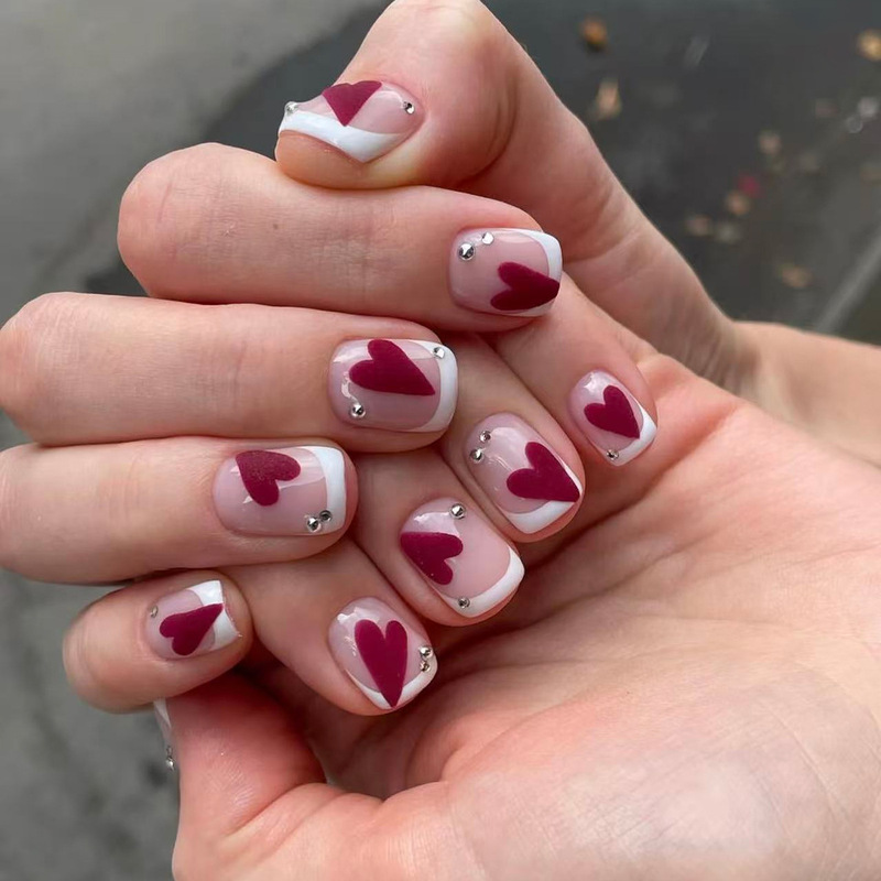 Lover Burgundy 3D Fabric Glitter Heart White French Design 3D Rhinestone Decoration Wearable Manicure Pieces