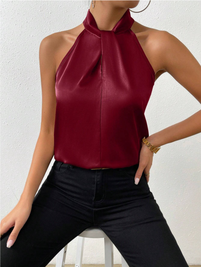 2025 verano nuevo estilo de las mujeres europeas y americanas satén cuello halter sin mangas chaleco de seda de imitación satinado top spot al por mayor
