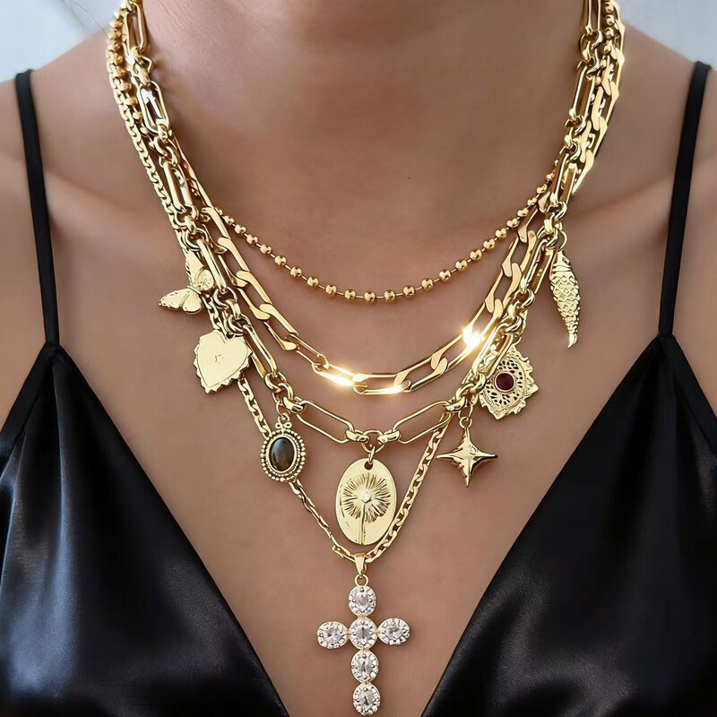 European and American Cross-Border Pendant Necklace, Cross-Shaped Double-Layer Necklace, Punk Rock Style, Simple and Exquisite, Sweet and Cool Style, Pink European and American Cross-Border Pendant Necklace, Cross-Shaped Double-Layer Necklace, Punk Rock Style, Simple and Exquisite, Sweet and Cool Style, Pink