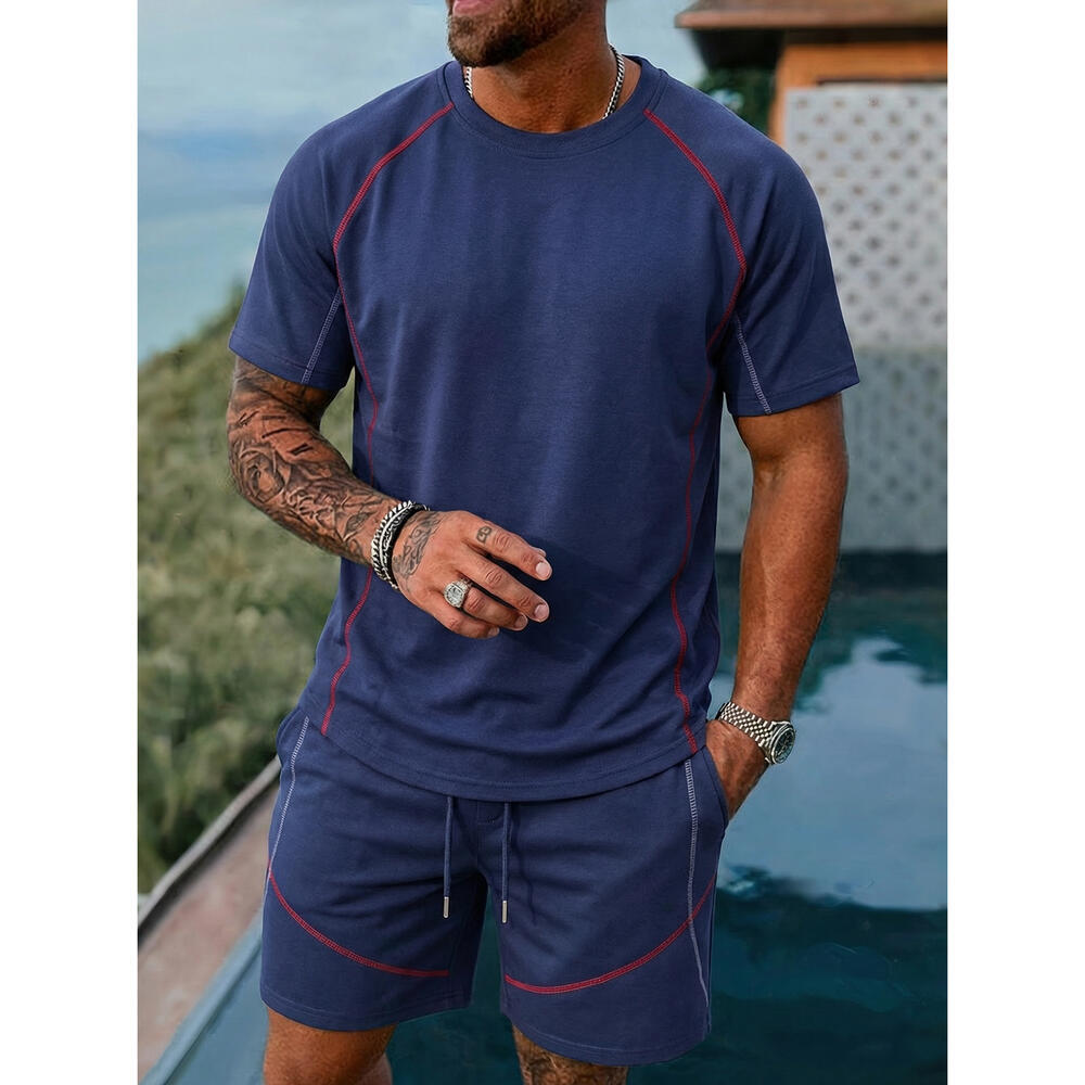 Men's short-sleeved shorts suit, new summer casual loose sportswear, youth style, top-stitched t-shirt, handsome two-piece set.