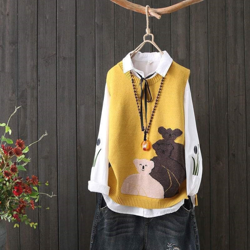 Chaleco de las mujeres de punto cuello redondo chaleco Chaleco Corto oso suéter chaleco Otoño e Invierno superior suéter de las mujeres ropa de mujer suelta image 8