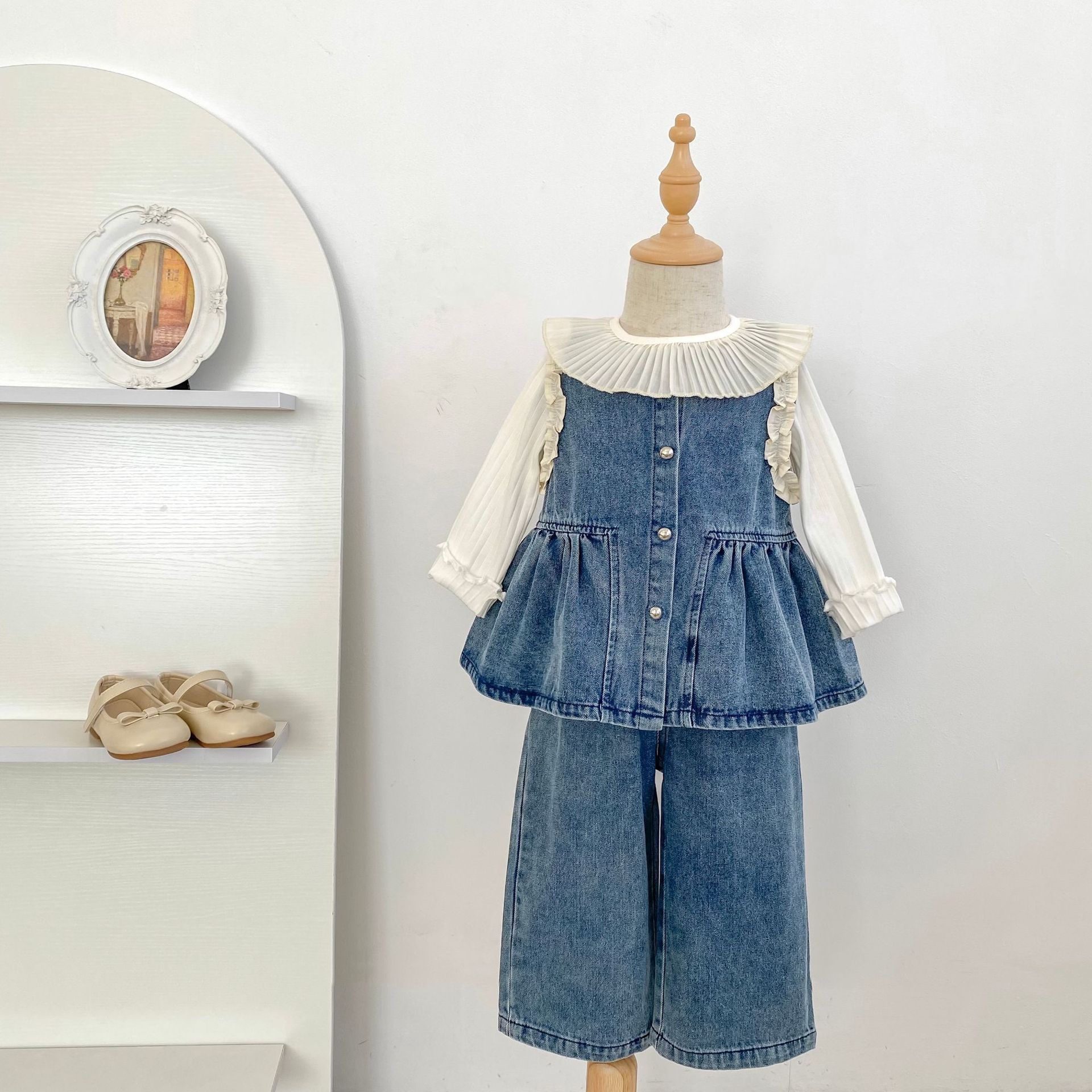 Children's Suit New Autum Korean Style Girls' Fashionable Long-Sleeved Denim Vest Skirt Casual Pants Two-Piece Set