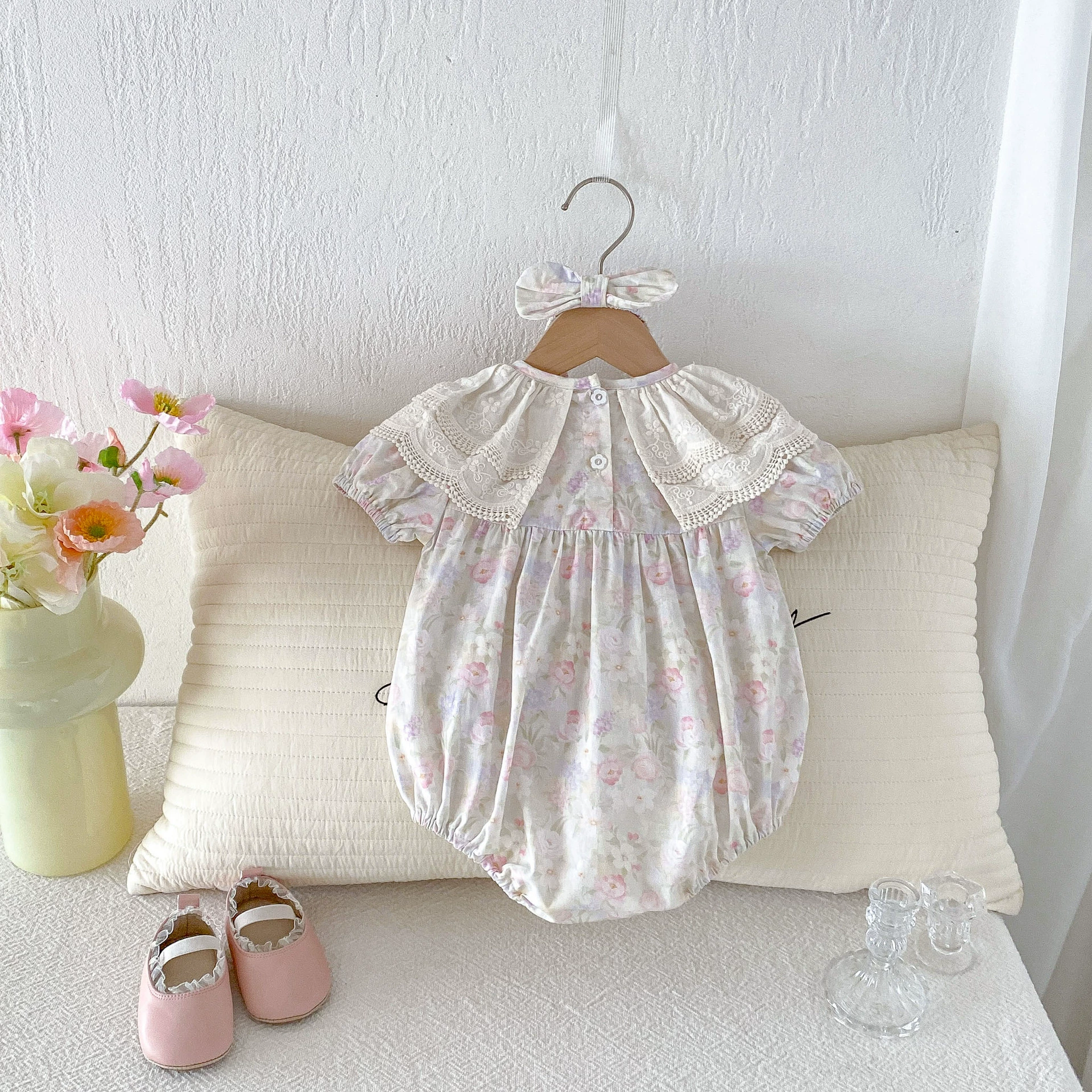 Summer children's bodysuit girl's to go out, floral print, with short sleeve