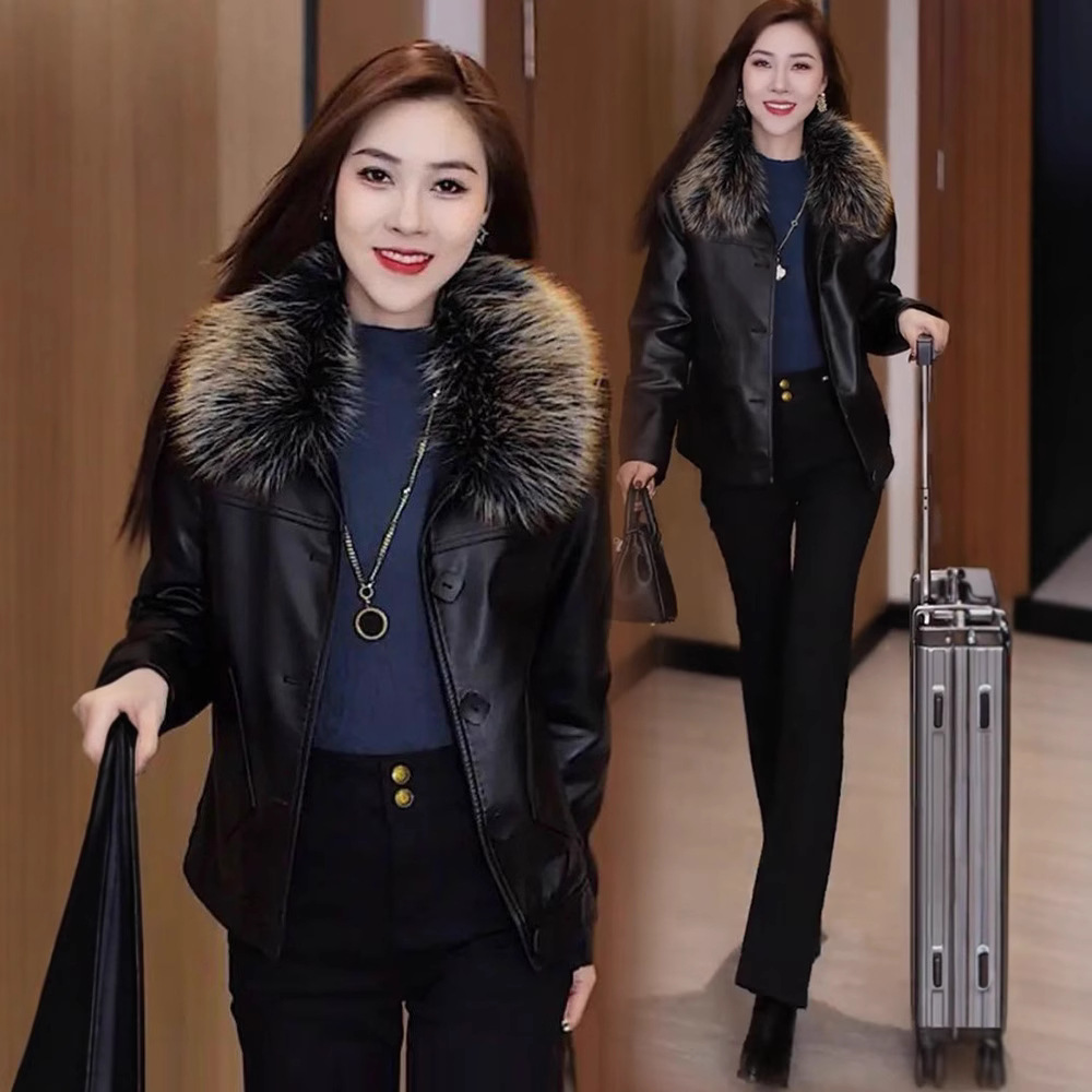 여성을위한 벨벳 두꺼운 가죽 자켓 2025 새로운 가을, 겨울 스타일 슬리밍 작은 사람들을위한 다목적 캐주얼 PU 가죽 자켓 탑