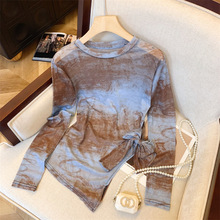 实拍~2025夏季新款晕染蝴蝶印花网纱长袖T恤女修身薄款防晒罩衫女