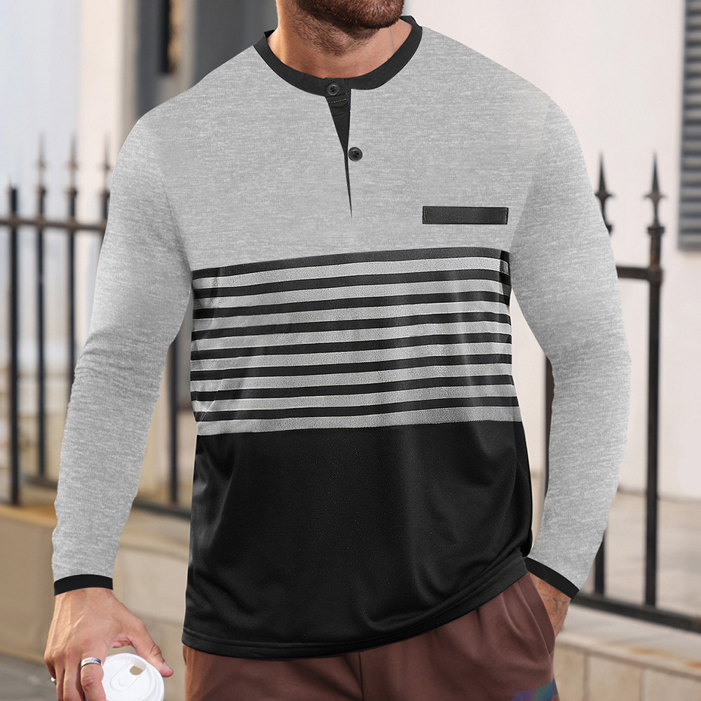 Camiseta de manga larga con cuello en V y rayas en contraste, estilo europeo y americano, novedad de verano, para hombre, corte ajustado, informal de negocios, para comercio transfronterizo europeo y americano.