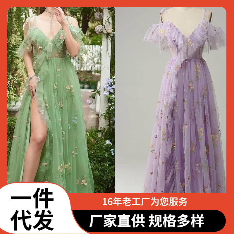 2025 New Mesh Lace Flower Long Slit Sister Dress Foreign Trade Amazon Party Homecoming Evening Dress
