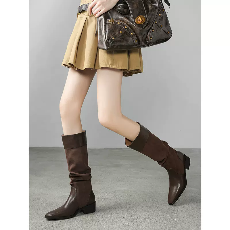 巨显腿瘦~方头褶皱骑士靴女2025秋冬复古粗中跟长筒靴