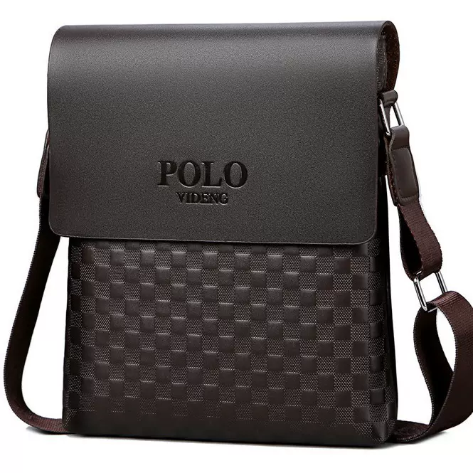 休闲男士单肩包潮流格纹包公文包竖款皮包时尚斜挎包