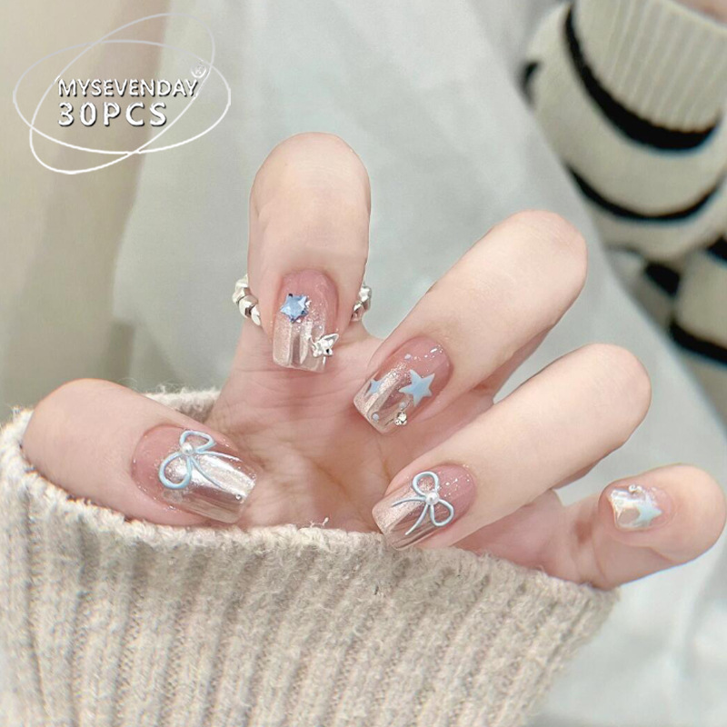 Wearing nail pieces wholesale ins high-grade star bow French nail art nail piece trembles sweet fake nails
