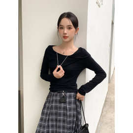 【不退不换】羊毛设计感荡领针织衫女修身超长袖韩系显瘦上衣0601