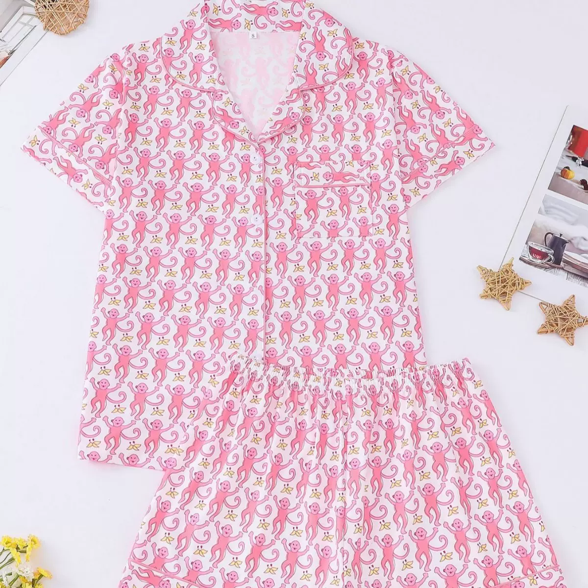 跨境外贸新款女士睡衣印花翻领短袖短裤欧美家居服开衫宽松舒适