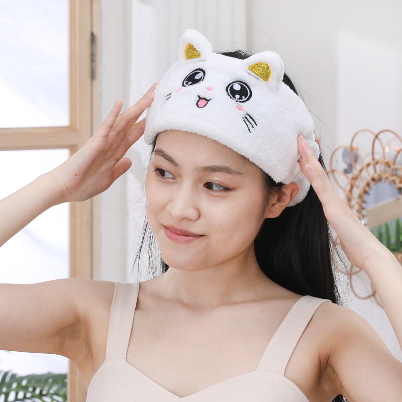 珊瑚絨卡通動物貓耳朵女生束髮帶卸妝發套敷面膜專用防滑繡花頭套