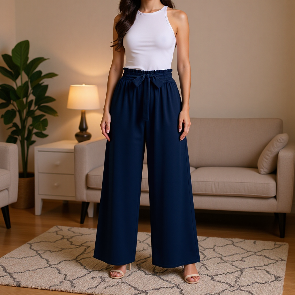 2025 pantalones de piernas anchas de mujer cintura alta elegante ajustable nudos pantalones largos largos casuales de negocios correa de bolsillo para mostrar piernas largas image 1