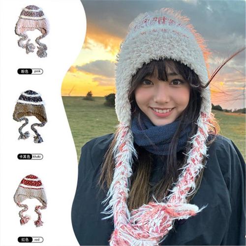 Autumn and Winter Striped Patchwork Wool Hat for Women, Fleece-Lined, Thickened, Warm, Ear-Protecting, Large-Circumference Lei Feng Knitted Beanie