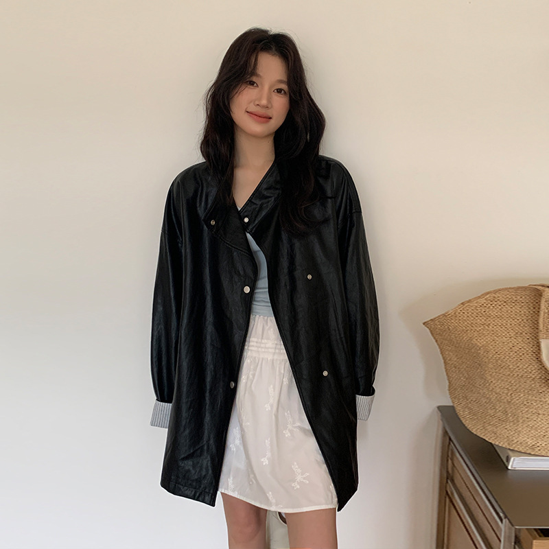 Moxi Thirteen Rows Women's Clothing 2025 Autumn New Stand Collar Lazy Style Pu Women's Leather Jacket Women's Leather Coat