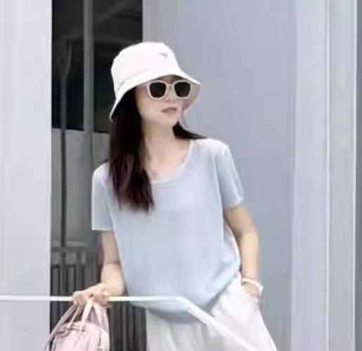 リラックスした夏服、ファッショナブルで高級感のある痩身と年齢軽減のブルー半袖カジュアルパンツの女性用2点セット|undefined