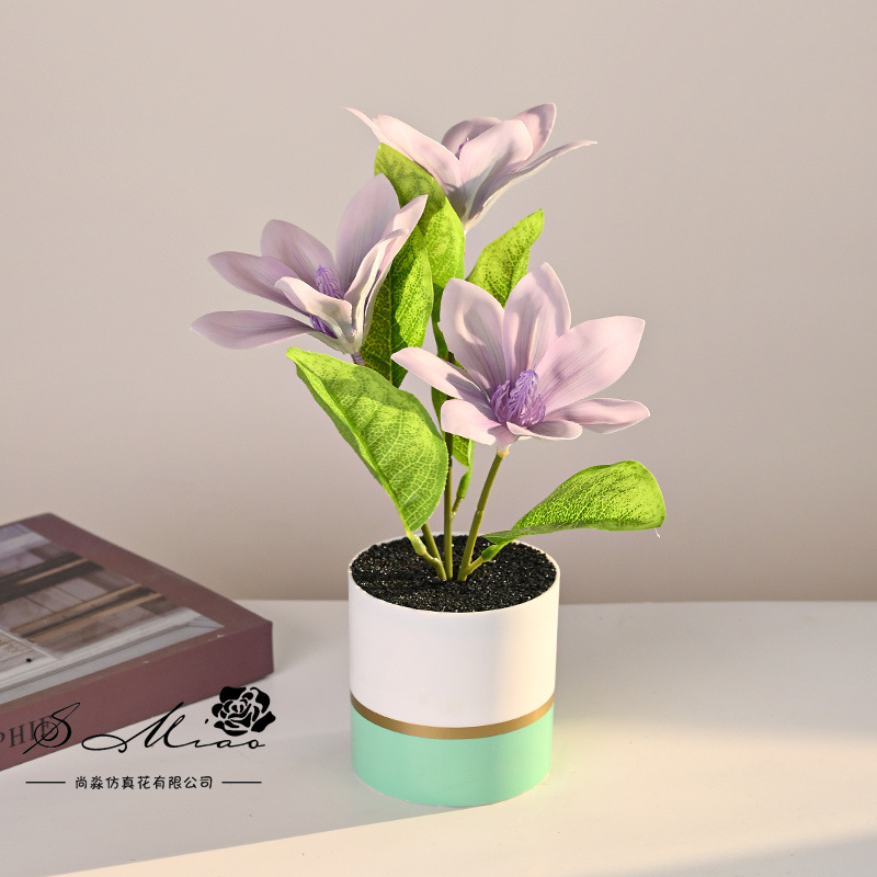 Transfronterizos tres cabezas sensación de mano magnolia bonsai creativo flores de simulación decoración de estudio en el hogar adornos verdes artificiales maceta