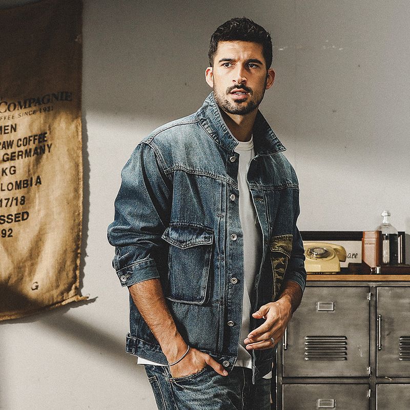 Men's Vintage Workwear Denim Jacket with Color-Blocking Patchwork, Heavy-Duty American-Style Casual Denim Coat with a Turn-Down Collar Men's Vintage Workwear Denim Jacket with Color-Blocking Patchwork, Heavy-Duty American-Style Casual Denim Coat with a Turn-Down Collar