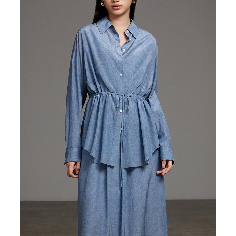 [Ed Order] Women's Blue Long-Sleeve Loose Silk Shirt 2026 Summer Commuter Style with Waist Drawstring Lightweight Top