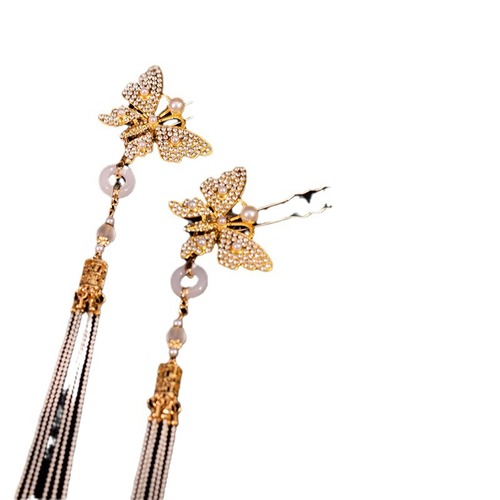 Hanfu butterfly hairpin with tassel, bright pearl, traditional ethnic style, ancient Tang style, exquisite and versatile pearl U-shaped hair accessory