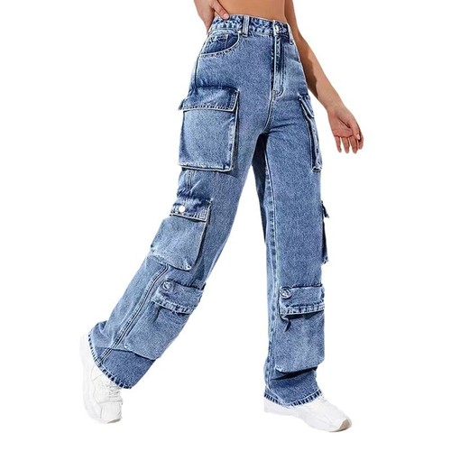 Manufacturer Direct  Women's Jeans Work Pants High-Waisted Flap Pocket Pants Loose Fit Pants Casual Versatile