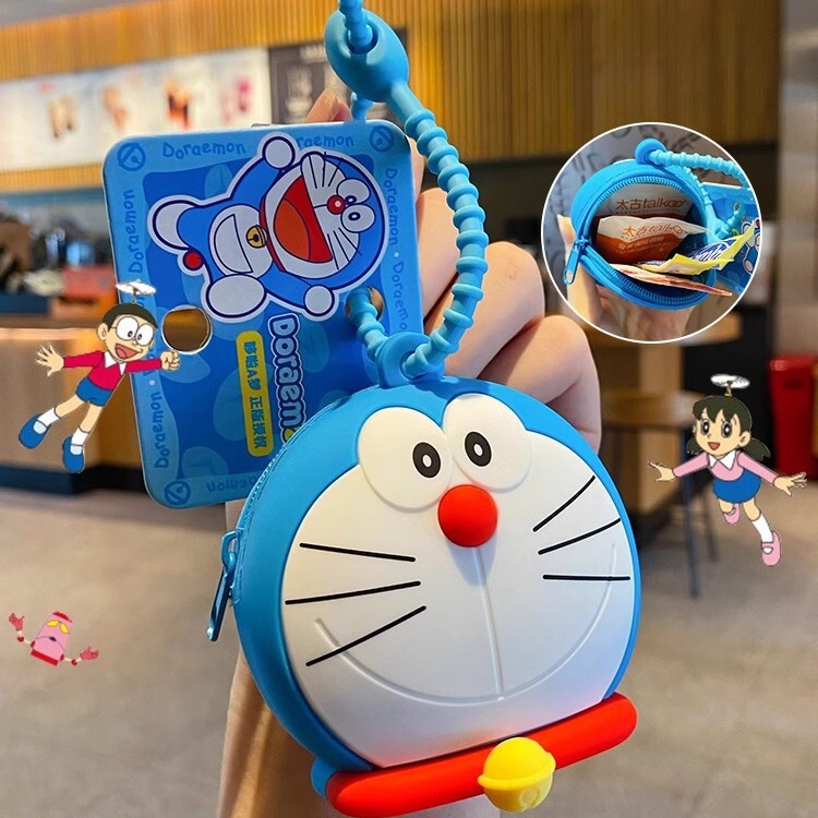 Genuine Doraemon coin purse keychain earphone storage bag cartoon blue fat Doraemon Tinker Bell pendant
