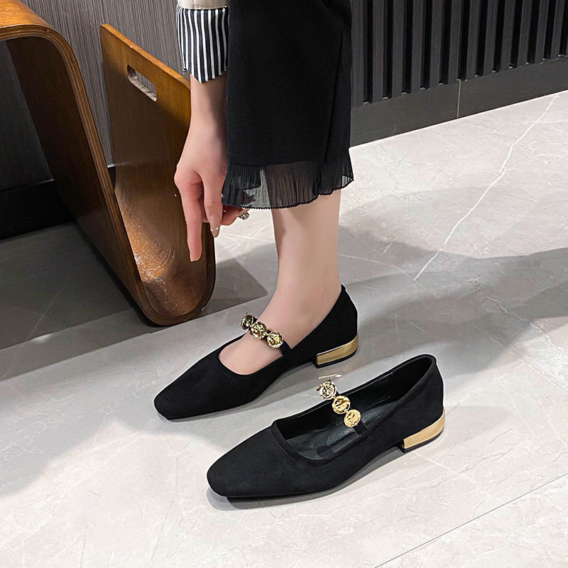 Giày Mary Jane nữ mũi vuông đế bằng đính đồng xu nhỏ, kiểu lười, gót thấp dưới 3 cm — Màu nâu cà phê, Xanh lá cây, màu đen