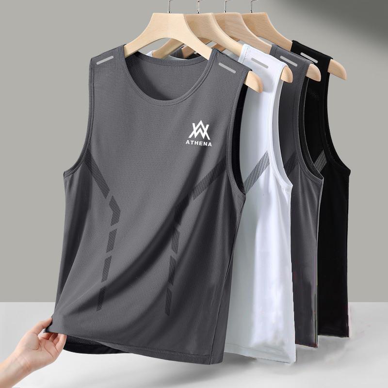 Ice Silk Vest Men's Summer Quick-drying Cut-off Sleeve Mesh Sleeveless T-shirt plus size Men's Loose Hurdling Sports Cross Sleeve