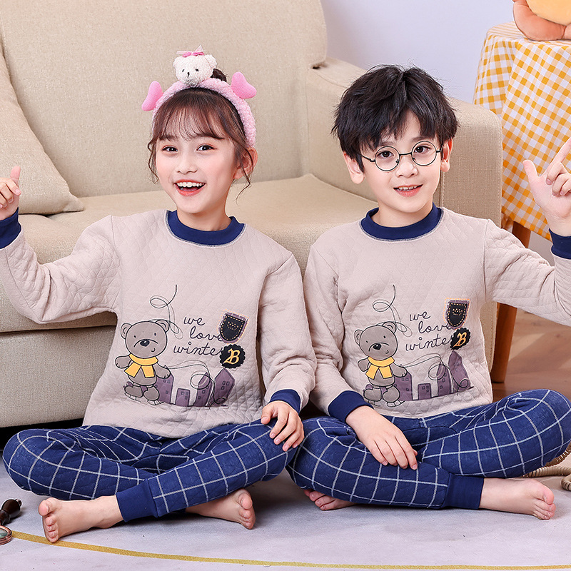 Children's Quilted Underwear Three-Layer Cotton Warm suit Cotton Winter Home Wear Hollow Cotton Mid-Collar Thickened Autumn Clothes and Pants