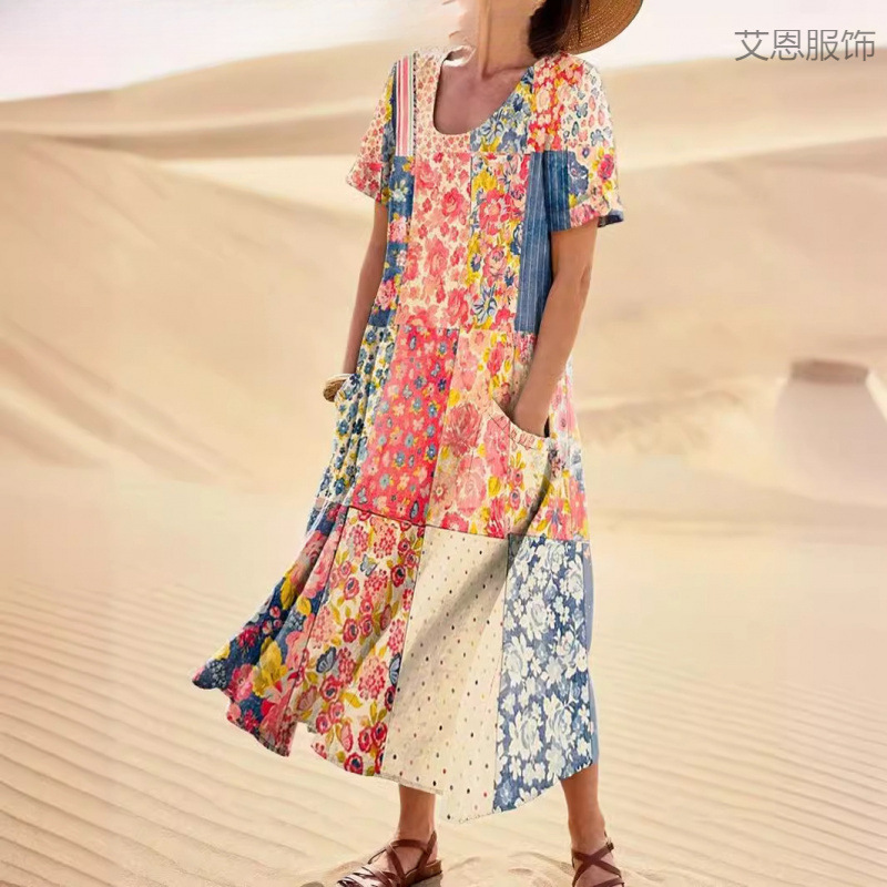 Cross-Border Independent Station Pocket Women's Dress Fresh Sweet Comfortable Fabric Long Dress