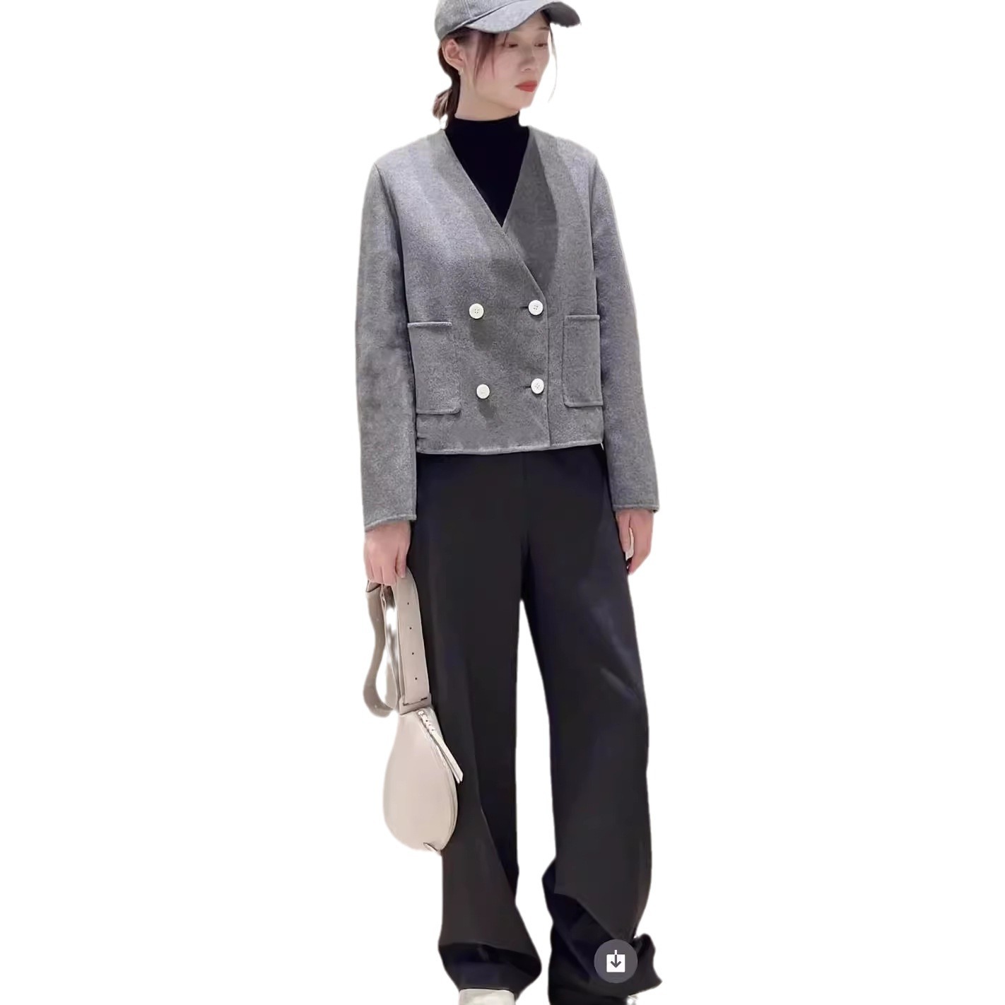 (2개) 대외 무역 오리지널 주문 가을과 겨울 새로운 여성 Z WO 양모 양면 울 V-NECK 더블 브레스트 쇼트 코트 캐주얼 재킷