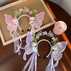 女の子の新しい美しい刺繍の大きい蝶のカチューシャの仙気の王女のかんざしの花の古風な真珠はカチューシャの精霊の髪飾りを持ちます。