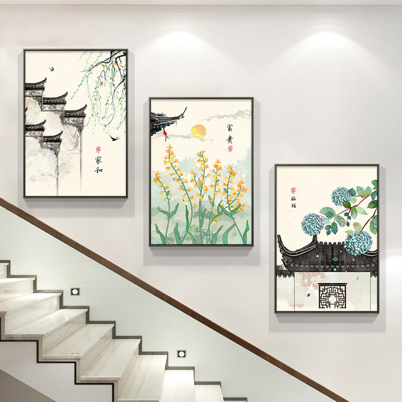 深セン大芬油画村階段階段間装飾画新中国式花鳥ハスの花複式壁画客間|undefined