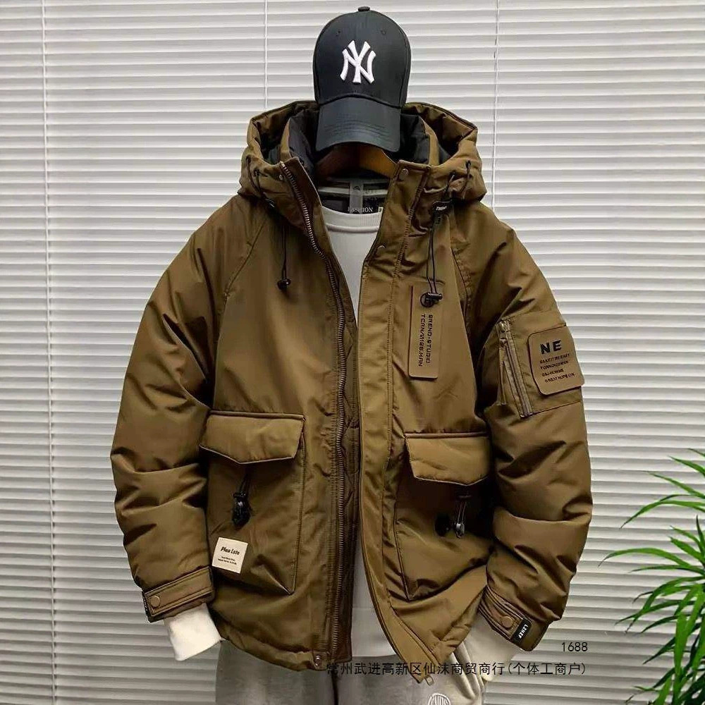 Men's workwear trendy brand hooded white duck down jacket, winter thickened warm casual loose parka jacket