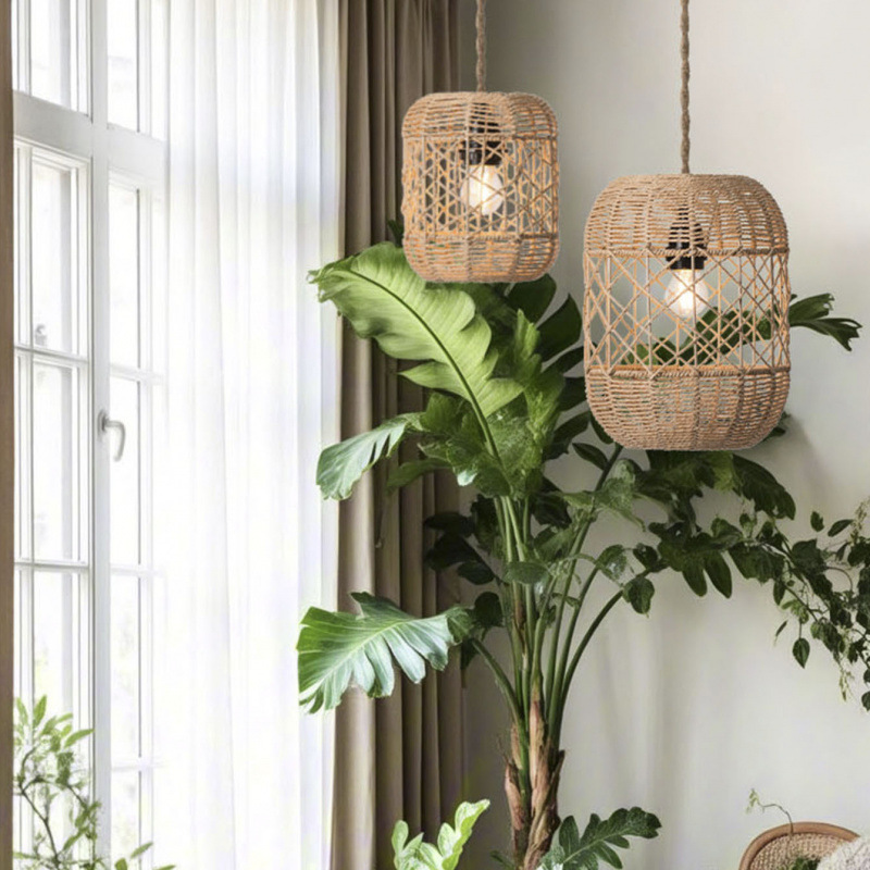 Araña de ratán de imitación de estilo pastoral, lámpara de restaurante tejida con cuerda de papel, casa de té, arte de ratán, arte de bambú, candelabro de sala de estar, candelabro de comedor