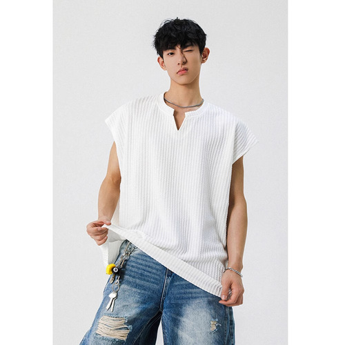 Texture V-neck Men's Summer 2025 Quick-dry Outerwear Sport Kimono Youth Wide Shoulder Sleeveless T-shirt