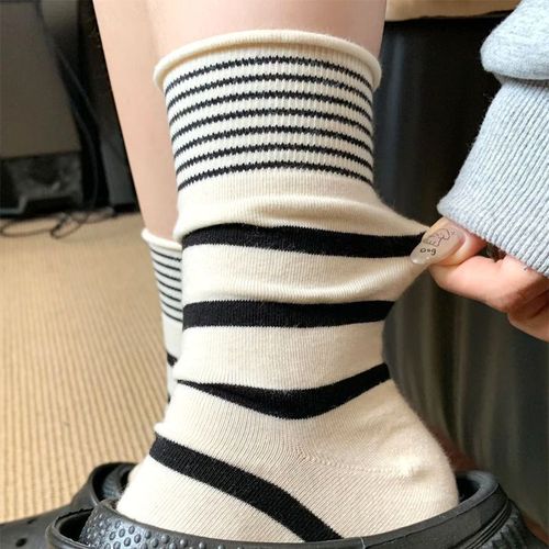 【】Socks for Girls Summer Striped Thin Breathable Sports Socks, Crew Socks with Turned-Down Edge