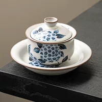[汝窑三才盖碗茶杯猪油冻汝青绣球花汝瓷泡茶茶碗带盖防烫一碗二杯]