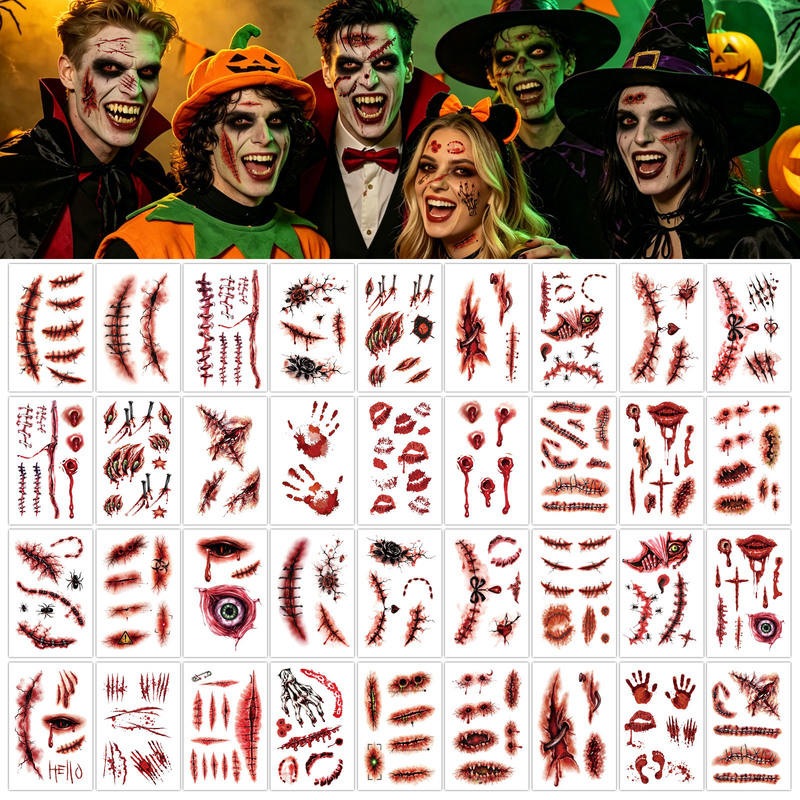 Halloween Fake Scar Tattoo Stickers Party Prank Temporary Makeup Face Stickers Long-Lasting Waterproof Clown Tattoo Stickers Halloween Fake Scar Tattoo Stickers Party Prank Temporary Makeup Face Stickers Long-Lasting Waterproof Clown Tattoo Stickers
