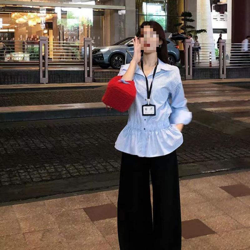 秋季长袖2025新款时尚条纹气质显瘦衬衣收腰衬衫上衣超仙蓝色条纹|undefined